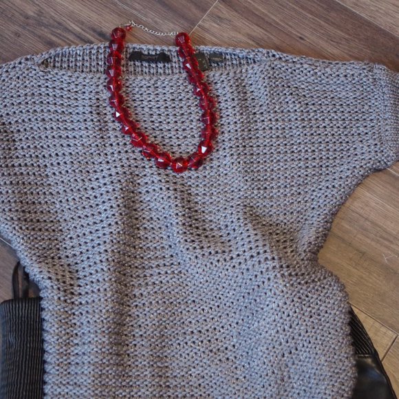 Gray Knit Sprit Sweater& Faux Leather Skirt - Picture 13 of 15